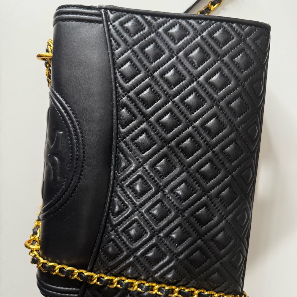 Tory Burch Black Quilted Crossbody Bag with Gold Chain